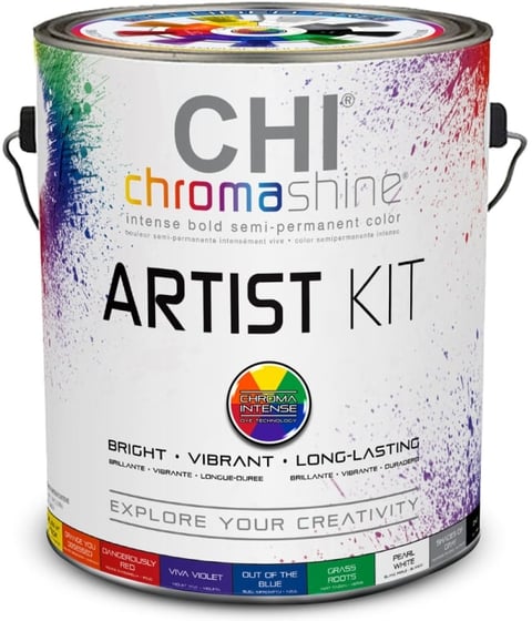 CHI Chroma Shine Artist Kit hair color can with vibrant paint splatter design and color wheel, featuring bold semi-permanent dye