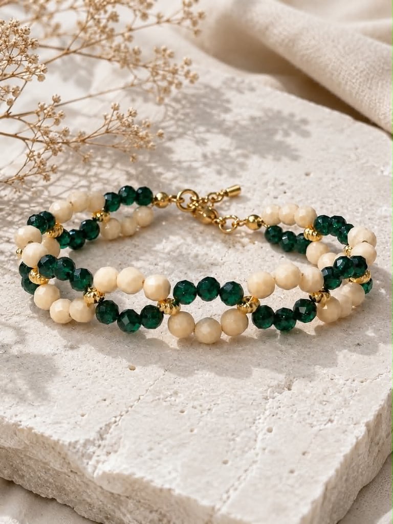 Beaded bracelet with cream and dark green beads alternating with gold spacers on white textured surface