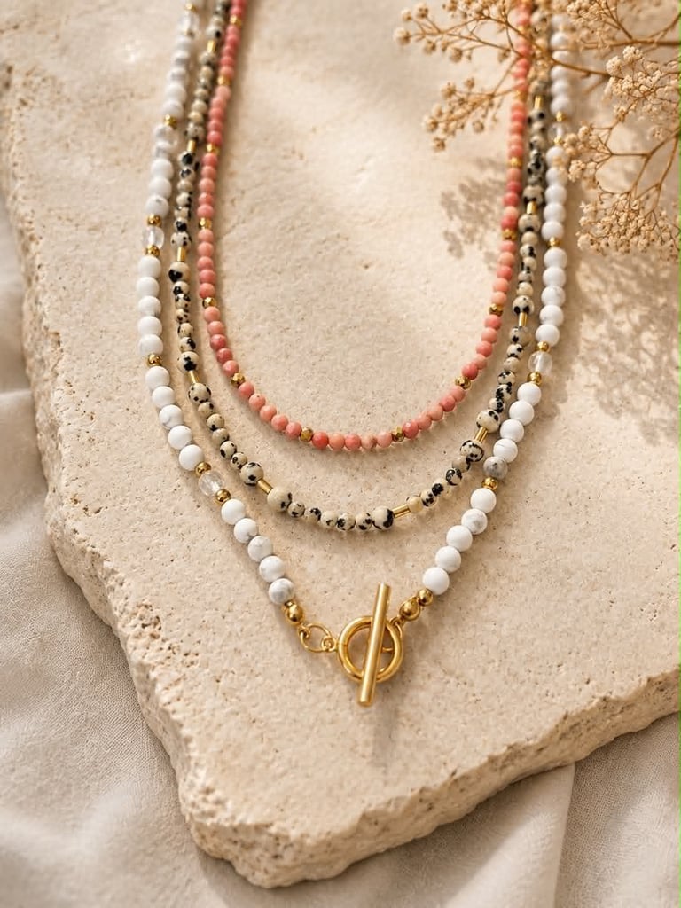 Layered beaded necklaces with coral, white, and gold-toned beads displayed on a textured stone pendant base