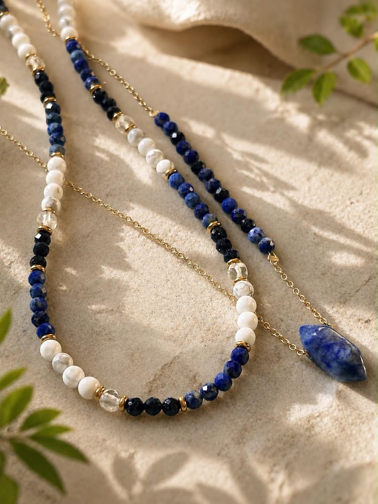 Two beaded necklaces with white, blue, and black beads on gold chain, arranged on a sandy surface with green leaves