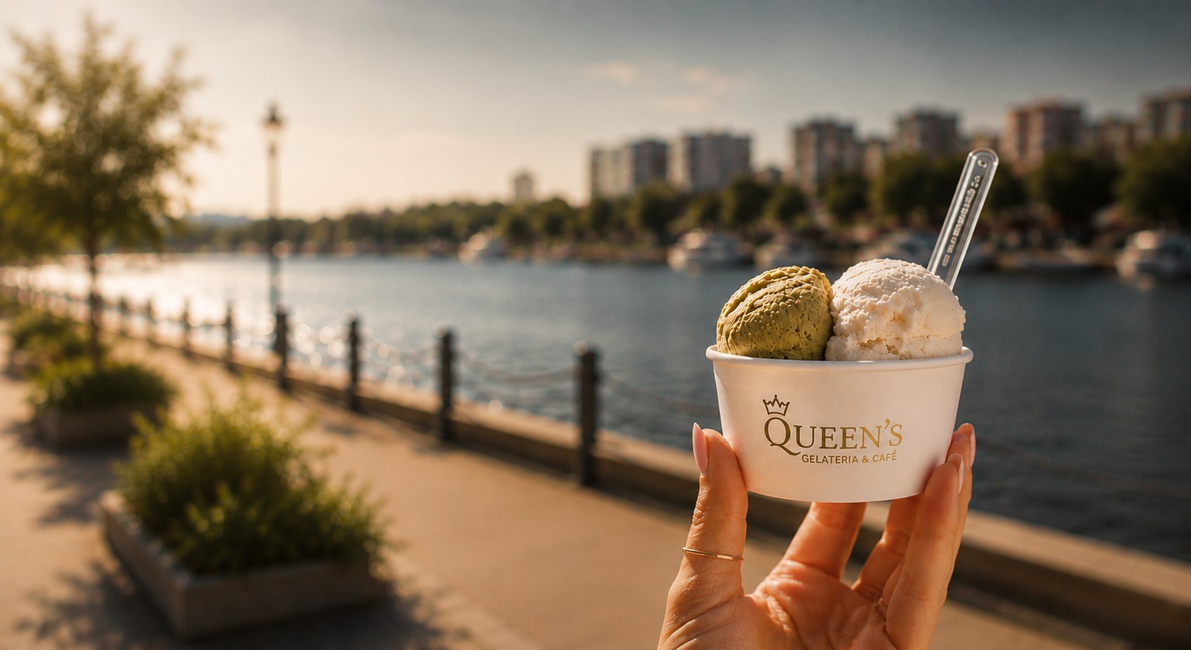 Hand holding Queens ice cream cup with two scoops by a waterfront promenade with city skyline
