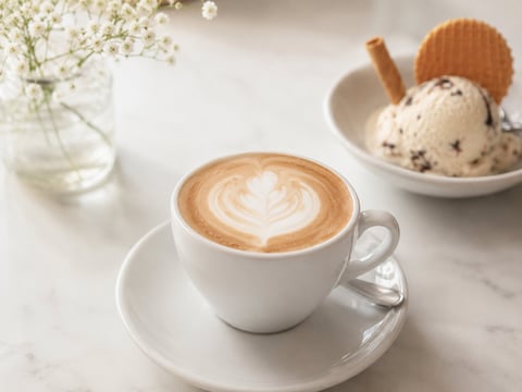 Cappuccino with latte art in white cup, served with biscuit and ice cream on marble surface