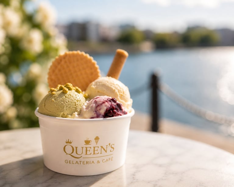 Queens Gelateria ice cream cup with scoops and waffle cookie by a waterfront with city skyline