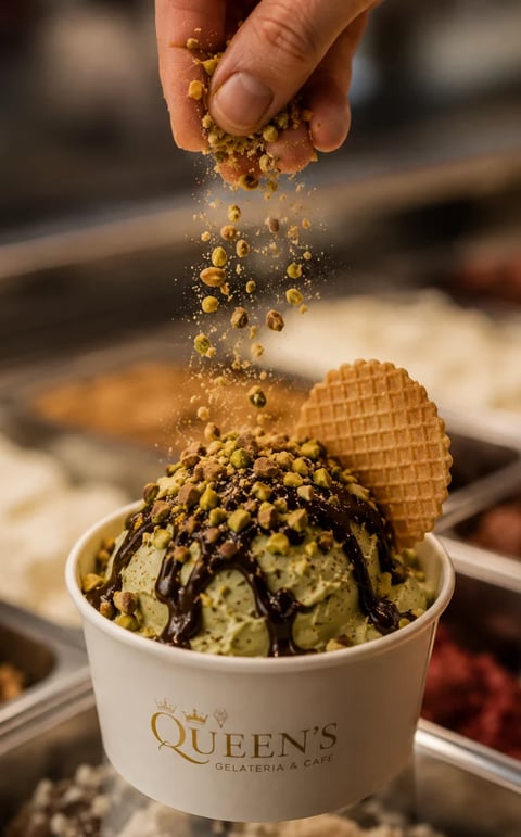 Hand sprinkling granola over pistachio ice cream with chocolate drizzle in a Queens Gelateria cup