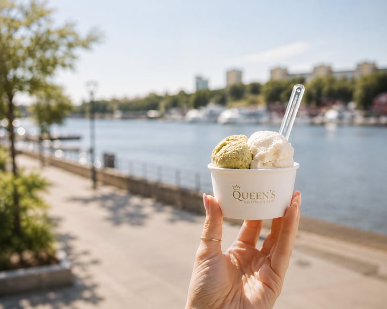 Hand holding a cup of ice cream with two scoops by a waterfront promenade with boats and trees in background