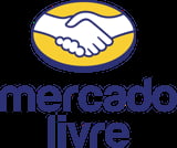 Mercado Libre logo featuring a handshake icon in a yellow oval with navy blue outline and text