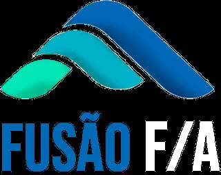 Fusão F/A logo featuring three layered wave shapes in mint green, turquoise, and dark blue with company text below