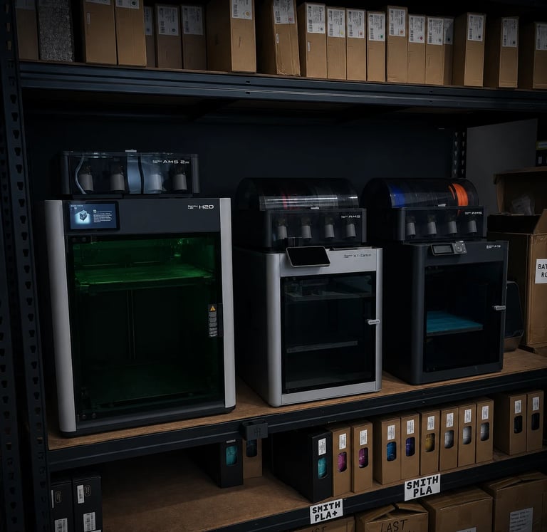 Three 3D printers displayed on a shelf with material cartridges below in a laboratory setting