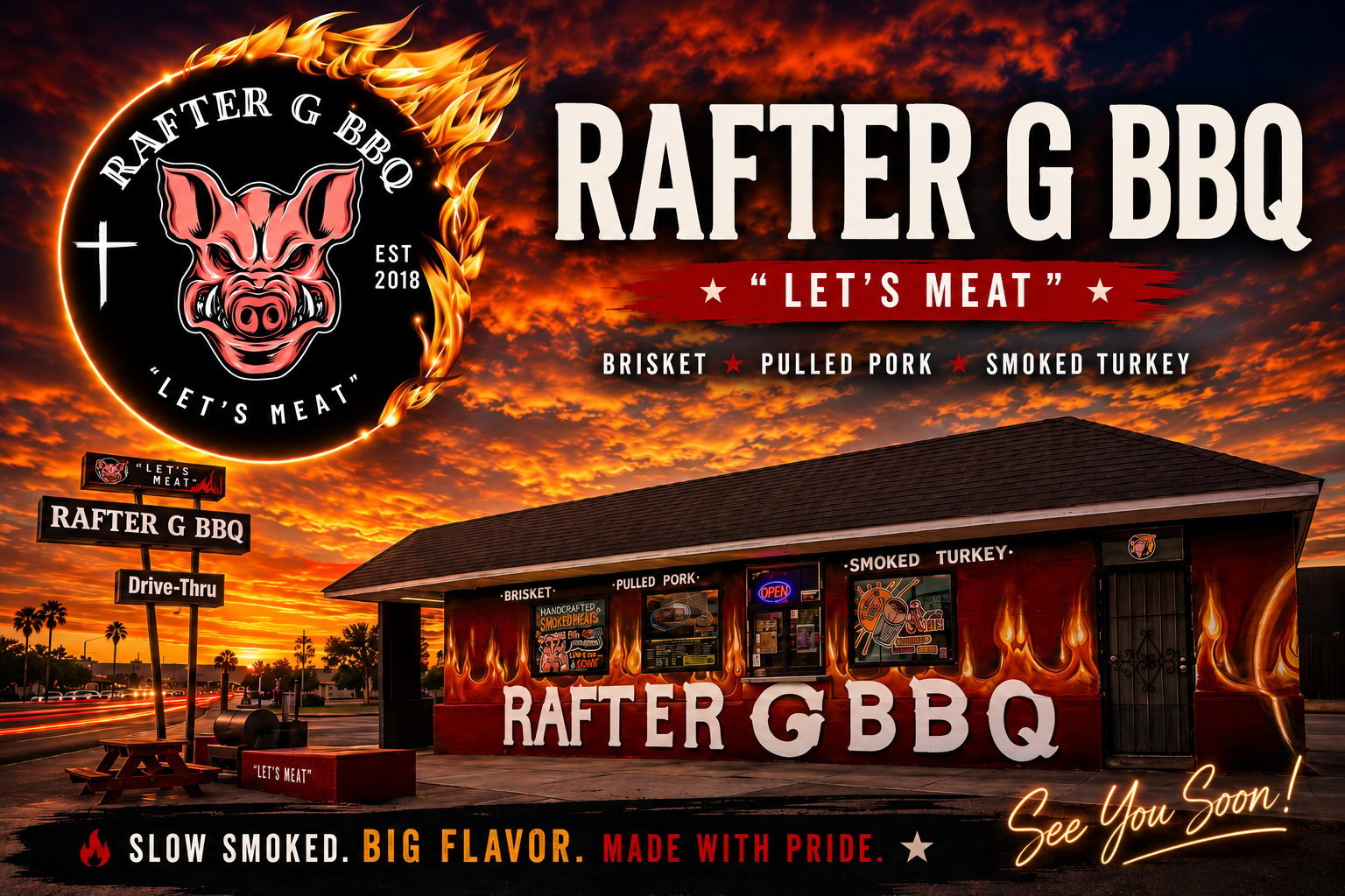 Rafter G BBQ storefront and logo with flaming pig emblem, advertising brisket, pulled pork, and smoked turkey with Let's Meat tagline