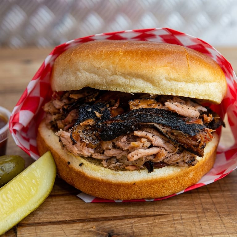 Smoked pulled pork sandwich on a toasted bun with charred edges, served on red checkered paper with a pickle spear on a wooden board