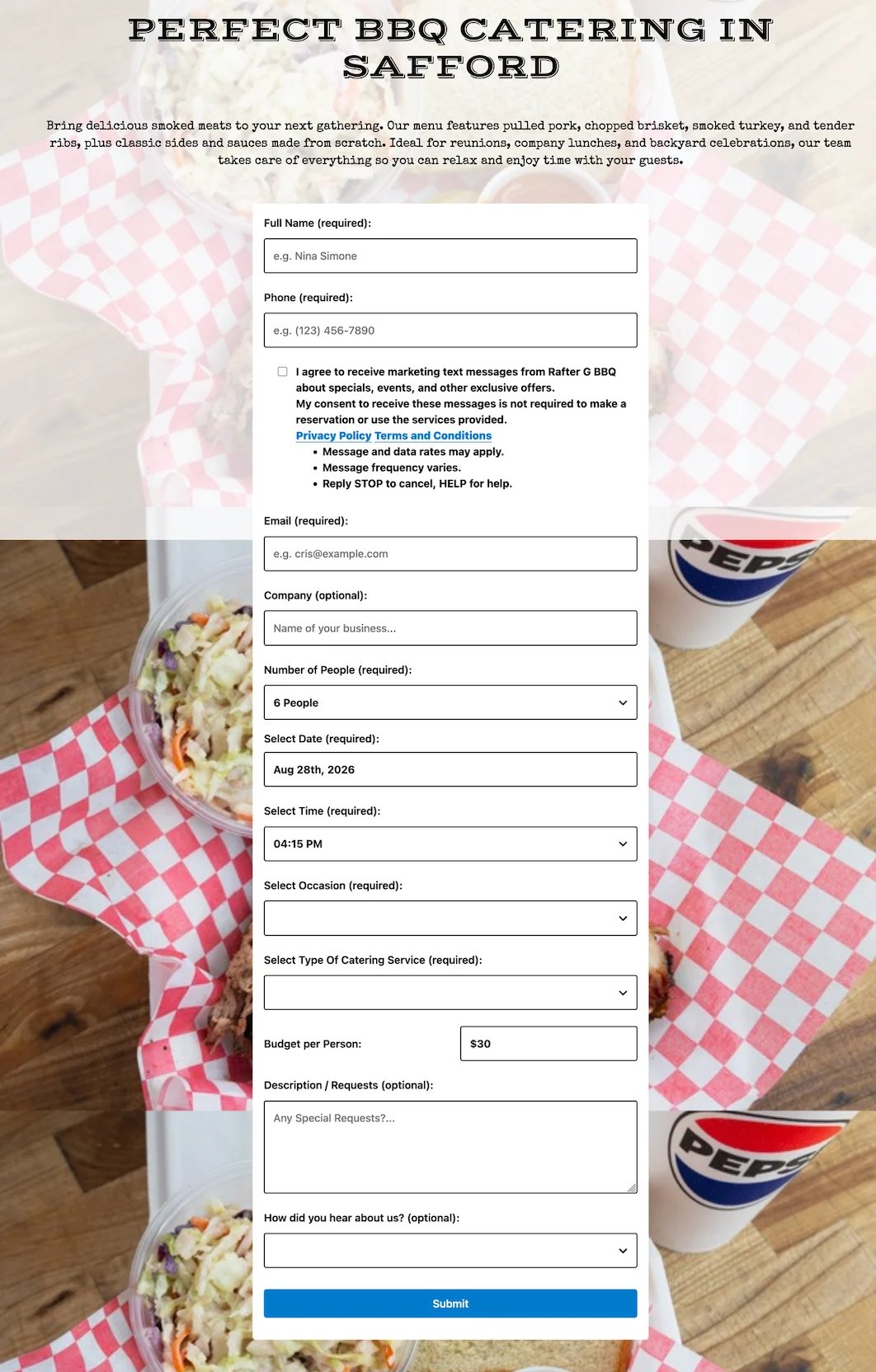 BBQ catering booking form for Safford with fields for contact details, event date, guest count, and service options