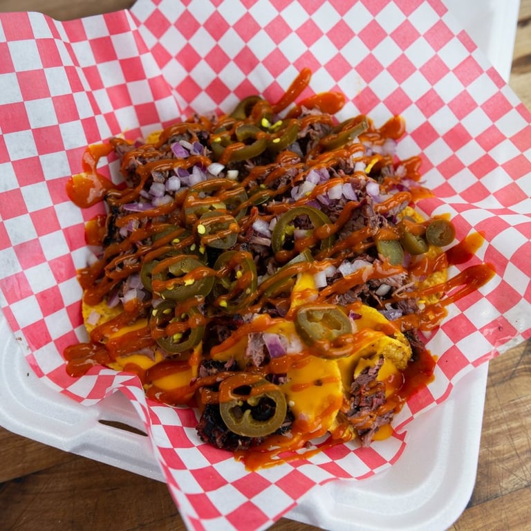 Loaded waffle fries topped with bacon, cheese, jalapeños, and salt served on checkered paper in a takeout container