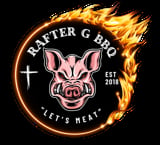 Rafter G BBQ logo featuring a pink pig's head in a flaming orange circle with text Let's Meat and established 2018