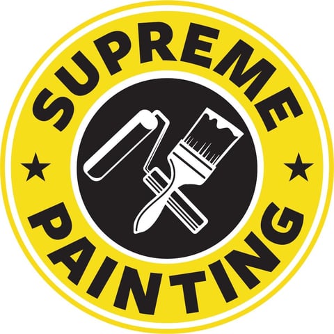 Supreme Painting logo featuring crossed paint roller and brush on black circle with yellow circular border and stars