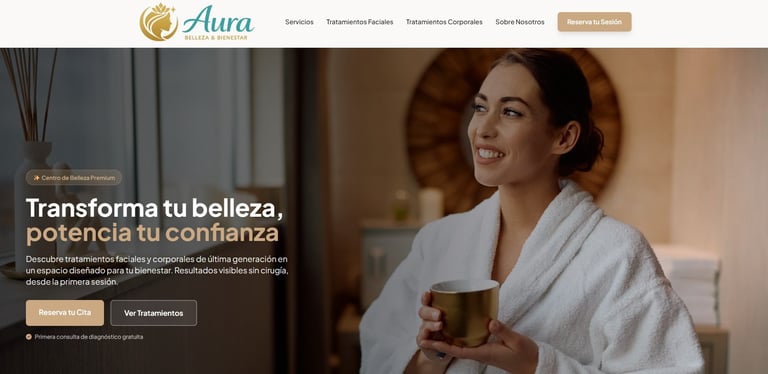 Woman in white robe holding a gold cup, smiling in a warm interior space with spa-like ambiance