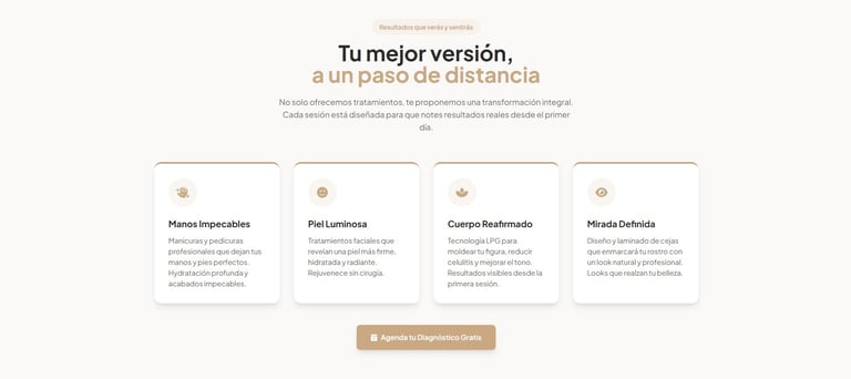 Four feature cards with icons showing Mejora Inspiracion, Por Larbitres, Comercio Radiomundo, and Mirada Definida, with a brown button below