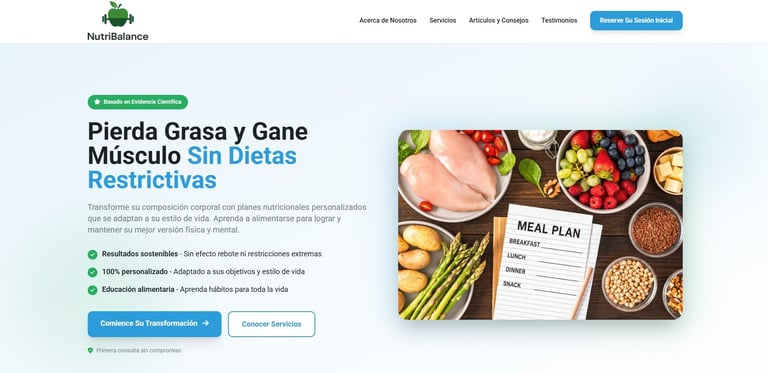 Website header showing fat loss and muscle gain program with meal plan graphic and healthy food images