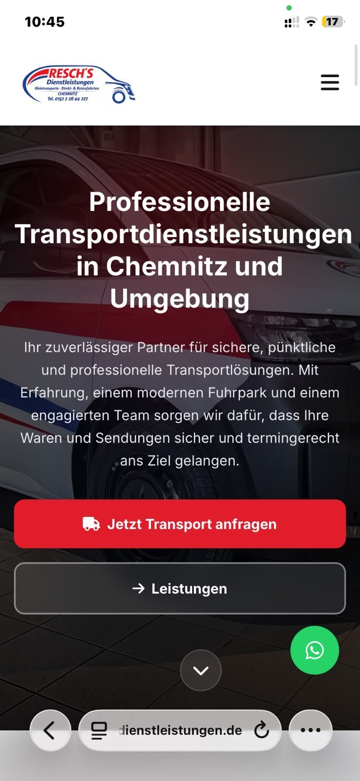 Resch's Transporte — iPhone-Ansicht der Website