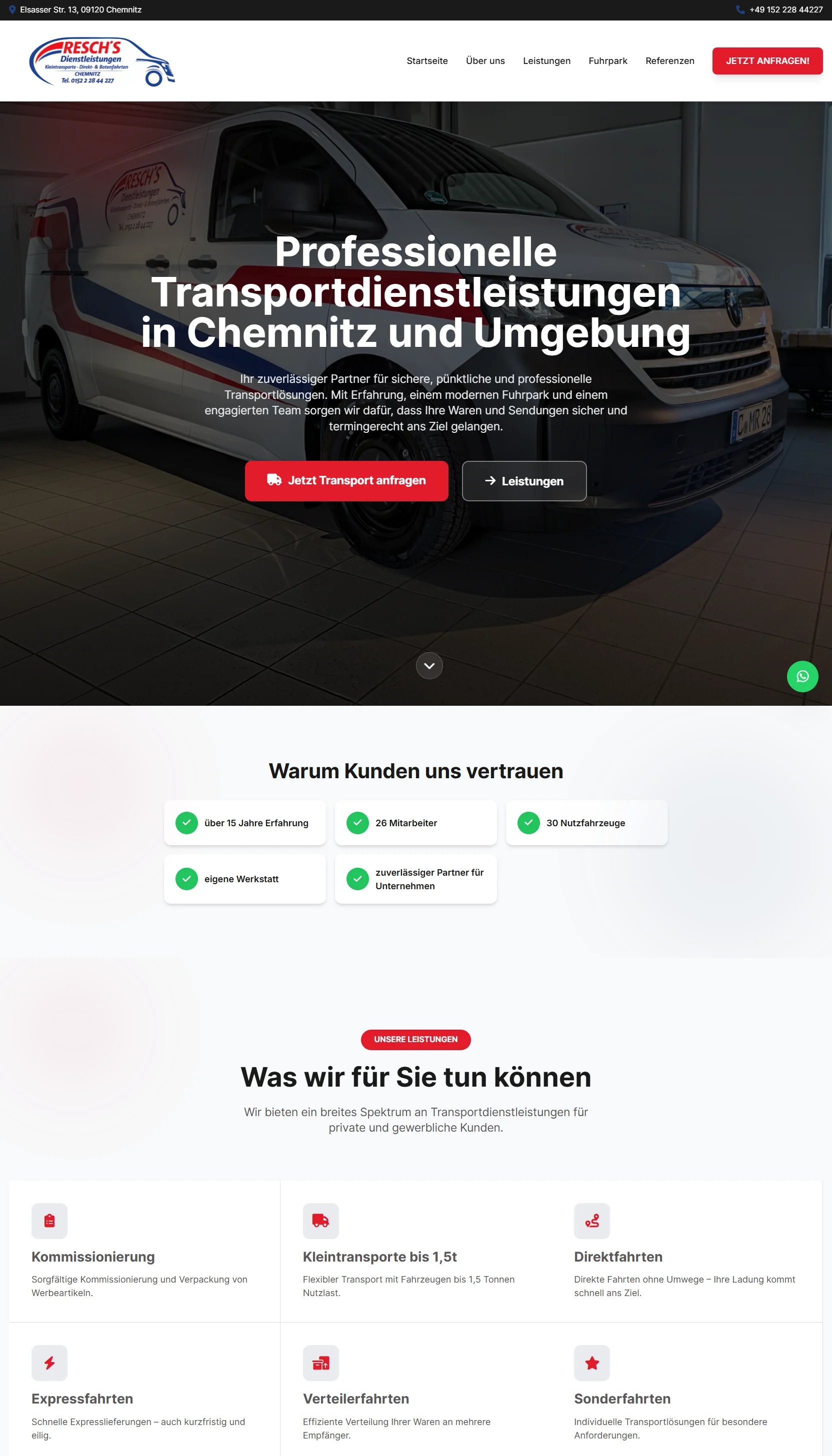 Resch's Transporte — vollständige Desktop-Website für Transport & Logistik in Chemnitz