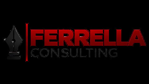 Ferrella Consulting logo with red text and geometric black design element on dark background