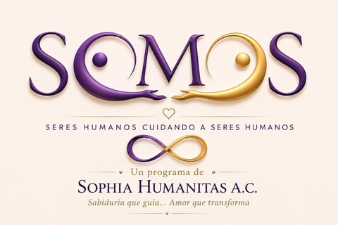 Logotipo oficial de SOMOS, Seres humanos cuidando a Seres humanos, un programa de Sophia Humanitas A.C. con tipografía en violeta y dorado