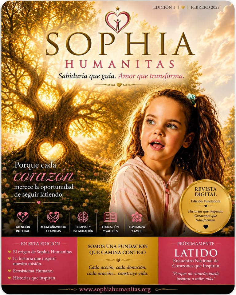 Portada oficial de la Revista Digital Sophia Humanitas, Edición Fundadora, Febrero 2027, con niña de cabello castaño frente a un árbol dorado luminoso con corazones