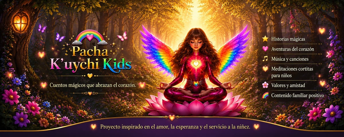 Angel with colorful wings meditating on lotus flower, Pacha Kuychi Kids meditation app banner with spiritual imagery