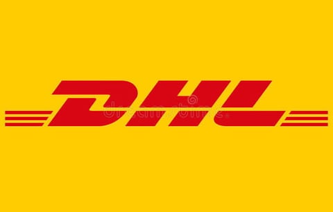 Logo oficial de DHL en fondo amarillo con texto rojo