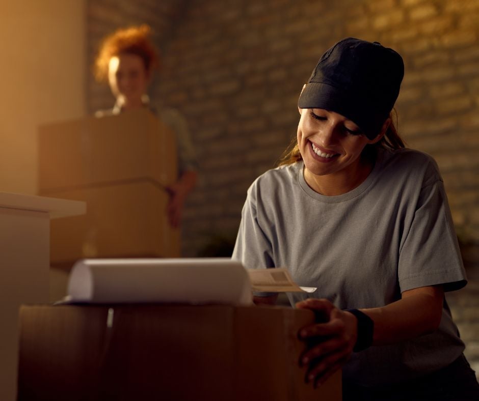 Smiling delivery worker in black cap and gray shirt holding tablet while checking cardboard boxes in warehouse