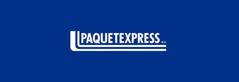 Logo oficial de Paquetexpress con texto blanco sobre fondo azul marino
