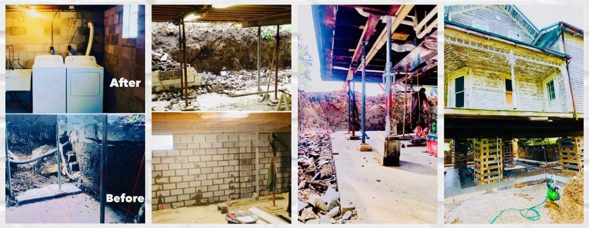 Collage of before and after construction renovation photos showing exterior building improvements