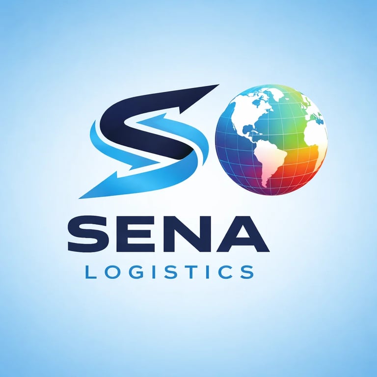 SENA Logistics logo featuring a blue arrow and colorful globe on light blue background