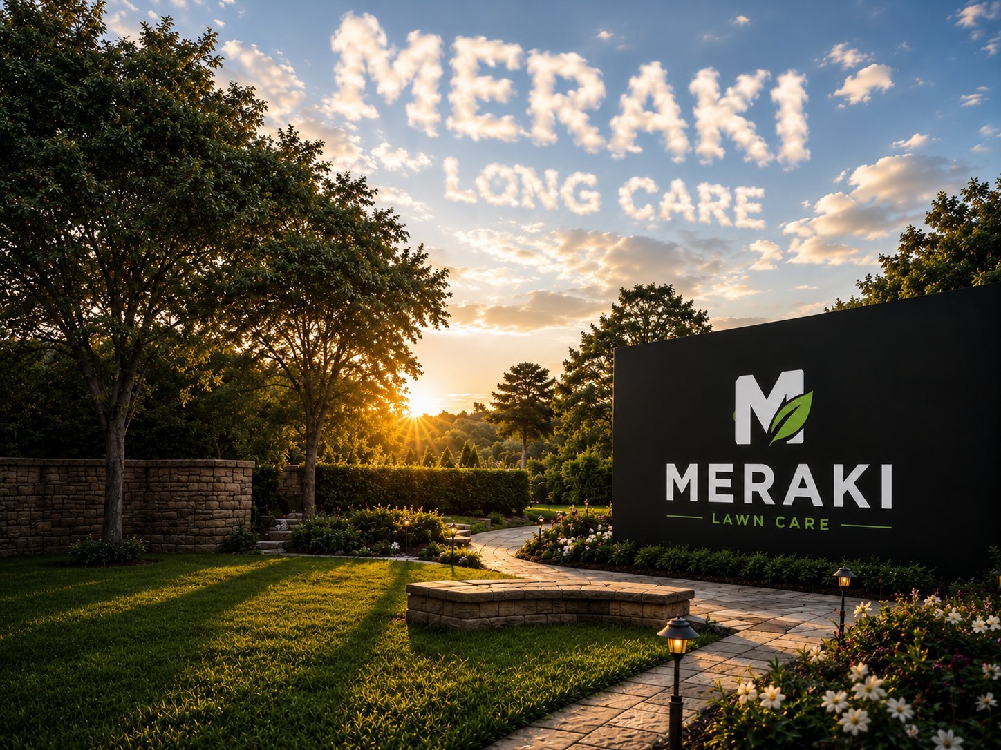 Meraki Lawn Care facility exterior with sign, manicured lawn, trees, and brick pathway at sunset
