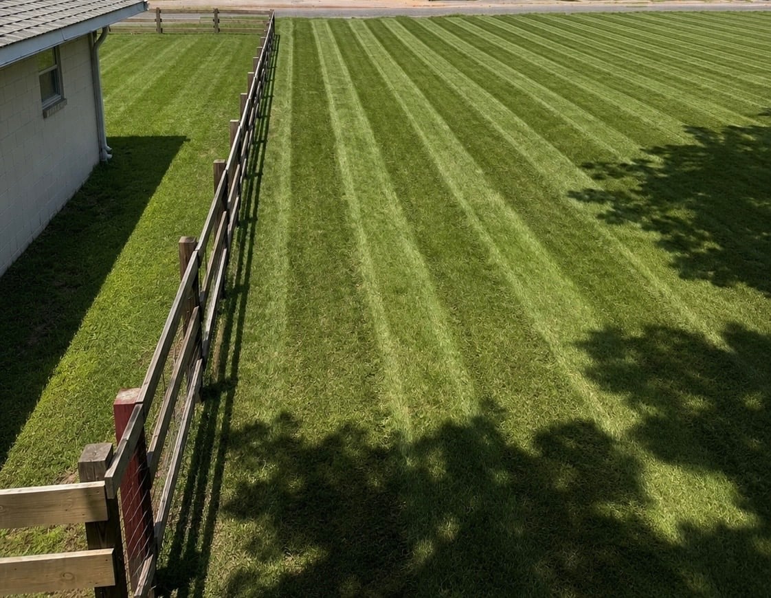 Newly mowed lawn with distinctive striped pattern, metal fence, and white building structure visible on the side