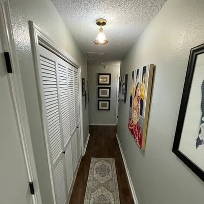 Narrow hallway with white walls, louvered doors, framed artwork, and a pendant light fixture overhead