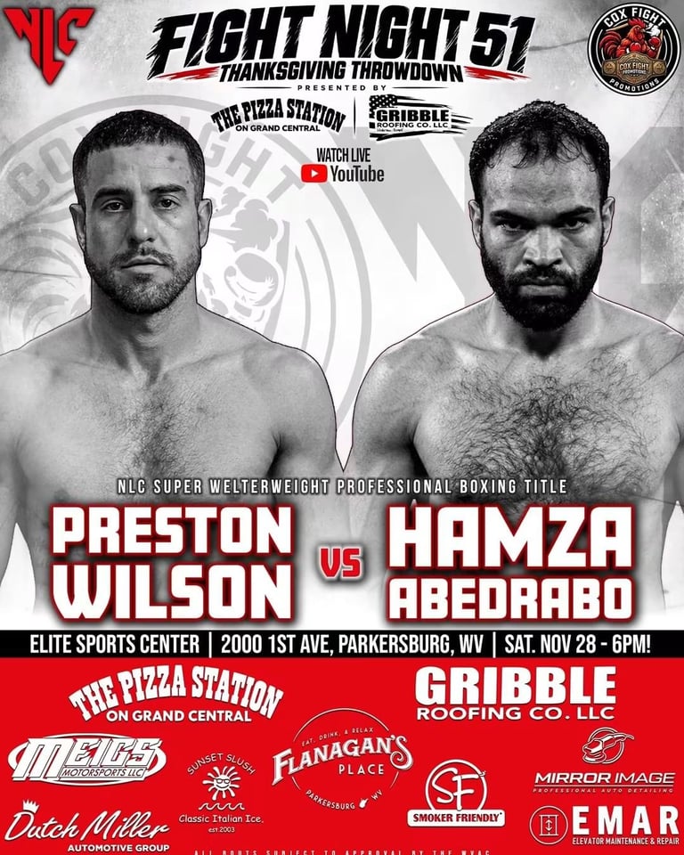 Fight Night 50 boxing event poster featuring Preston Wilson vs Hamza Abedrabo for the NLC Super Welterweight title