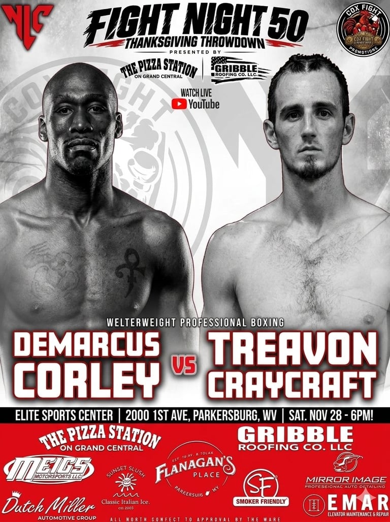 Fight Night 50 boxing poster featuring Demarcus Corley vs Treavon Craycraft at Elite Sports Center on November 28