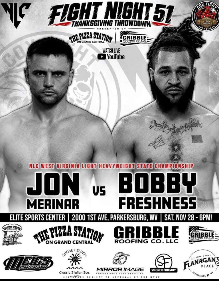 Fight Night 50 boxing poster featuring Jon Merinar vs Bobby Freshness for the WV Light Heavyweight State Championship