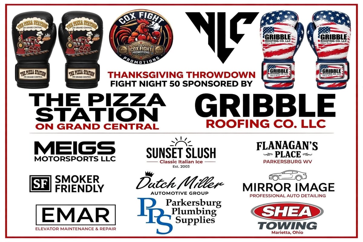 Thanksgiving Throwdown Fight Night 50 boxing event sponsorship advertisement featuring multiple local business logos and boxing gloves
