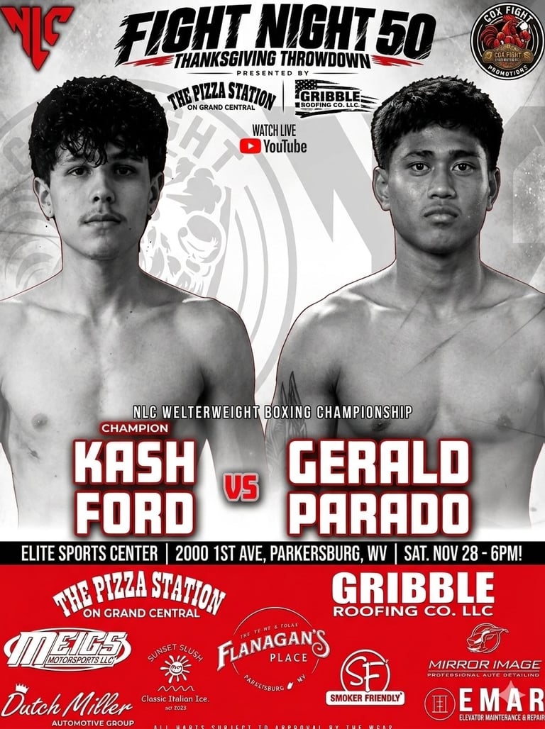 Fight Night 50 boxing event poster featuring Kash Ford vs Gerald Parado for the NLC Welterweight Championship
