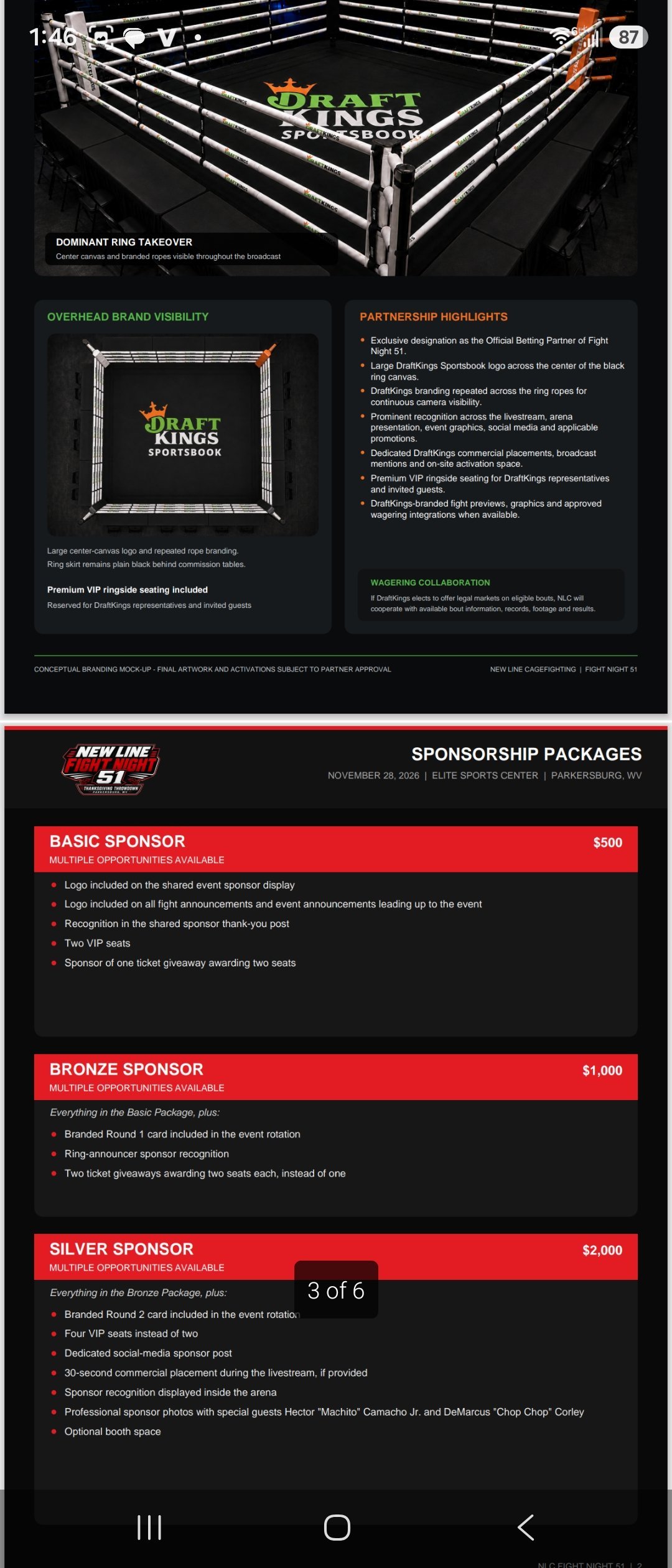 Conceptual DraftKings Sportsbook branded boxing ring showing center canvas logo and branded ropes inside the arena