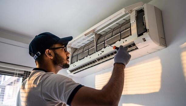 Technician in cap and gloves servicing a wall-mounted air conditioning unit indoors