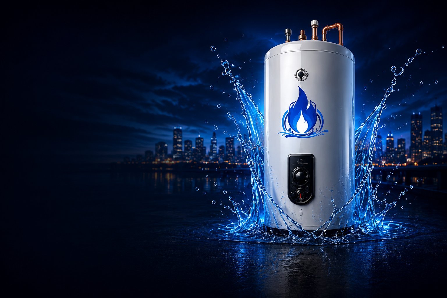 White water heater with blue flame logo surrounded by splashing water against a nighttime city skyline background