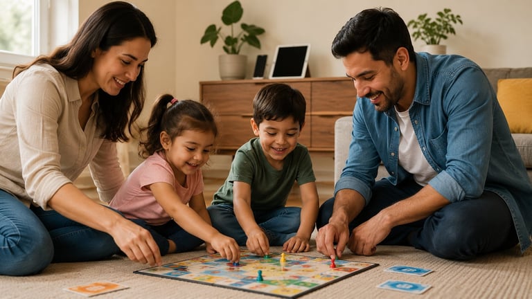 Family of four playing a colorful board game together on the living room floor