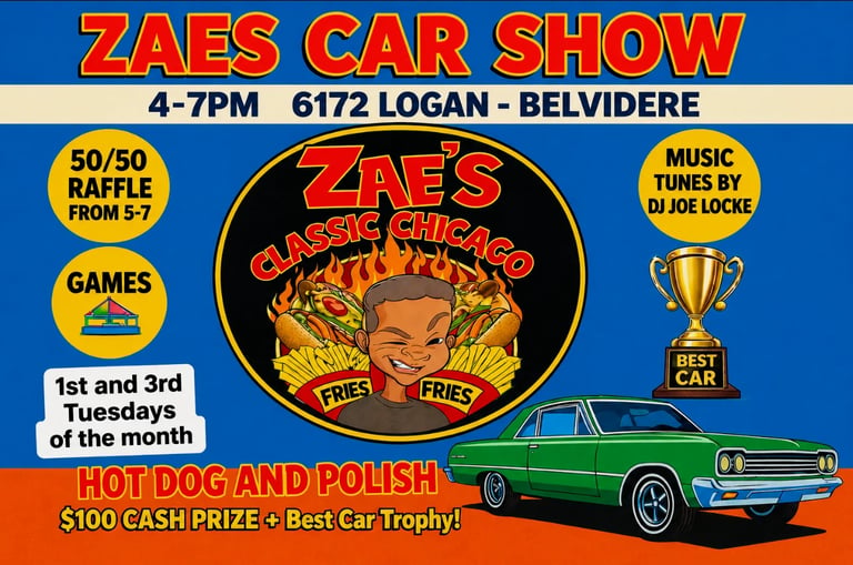 Zaes Car Show flyer advertising classic cars, games, music, and food held 4-7PM at 6172 Logan Belvidere on 1st and 3rd Tuesdays