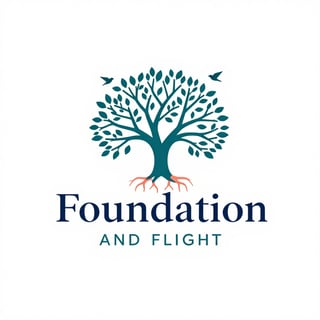 Foundation and Flight logo featuring a teal tree with spreading branches and visible roots, with two birds flying upward
