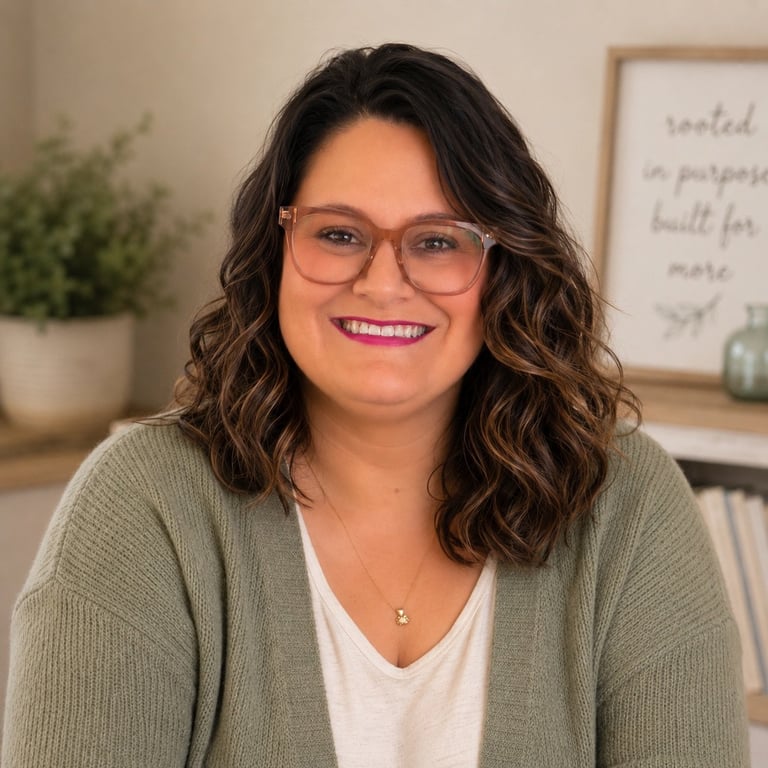 Woman with long wavy dark hair and glasses, wearing a sage green cardigan and white top, smiling at the camera in an office setting
