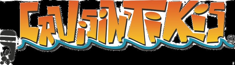 Cruisin Tikis logo with orange and yellow gradient lettering and a blue wave design underneath
