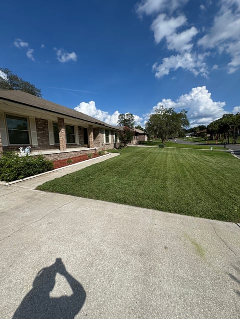 Modern single-story building with manicured lawn and concrete walkway under clear blue sky