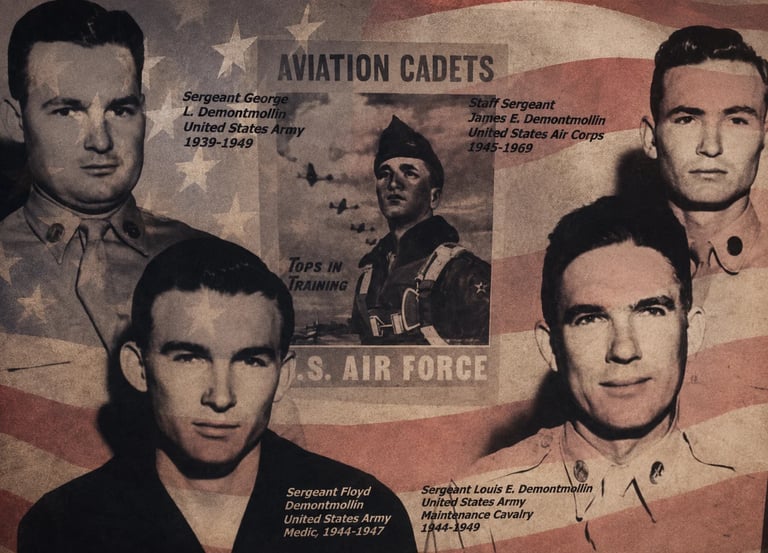 Historical poster featuring four portrait photos of U.S. Air Force Aviation Cadets from 1939-1949, with American flag background